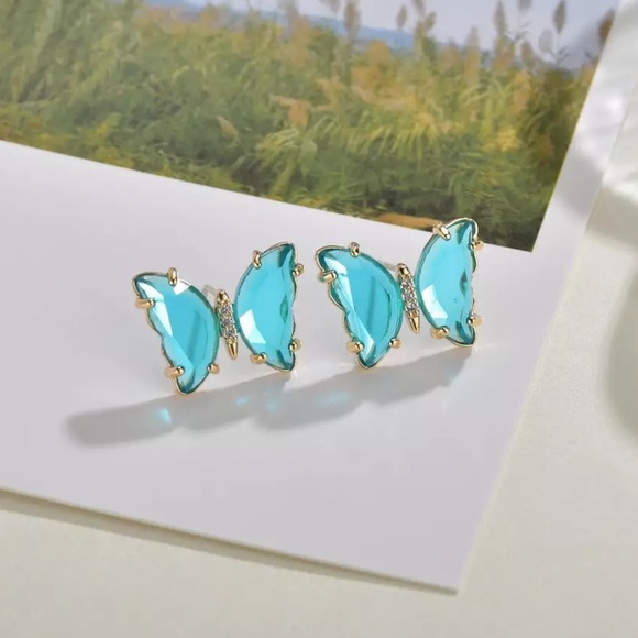 Blue Crystal Butterfly CZ Stud Earrings - Picture 1 of 4